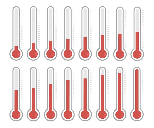 Ilustración de termómetros rojos con diferentes niveles.