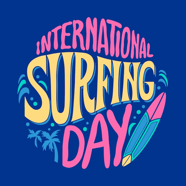 Vector ilustración del texto del día internacional del surf plano