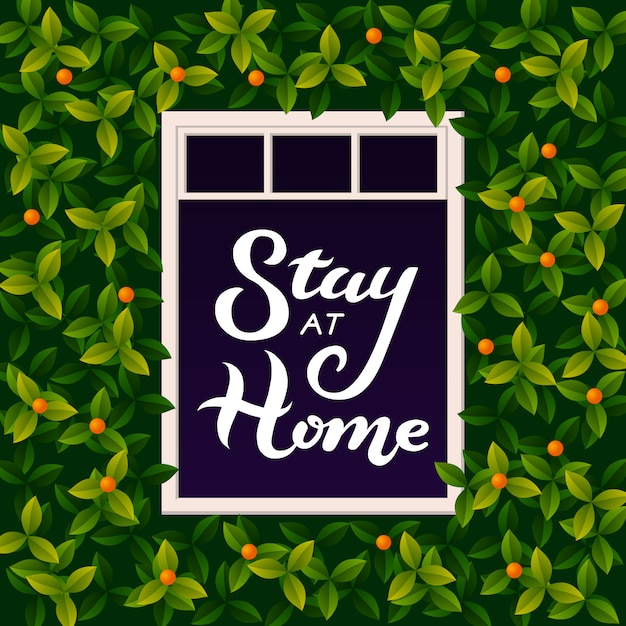 Ilustración con texto de letras stay at home en ventana abierta. una inscripción que insta a las personas a quedarse en casa durante la epidemia. covid-19