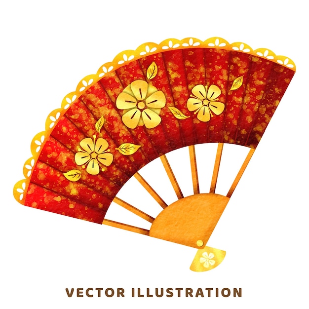 Vector ilustración de textura de acuarela vectorial tradicional china de abanico rojo