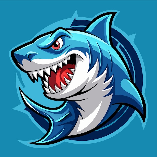 Una ilustración de un tiburón enojado que muestra sus dientes afilados con la boca bien abierta Ilustración del logotipo del tiburón furioso mascota