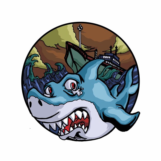 Ilustración de un tiburón siendo perseguido por un barco de pesca para un diseño de camiseta u otro