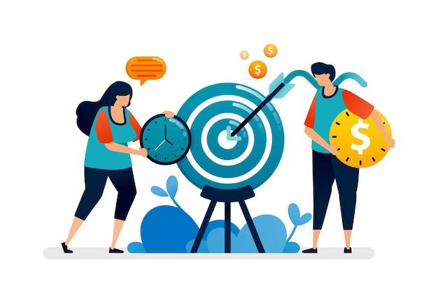 Ilustración del tiempo y los costos para lograr el objetivo deseado metáfora con dartboard y flechas