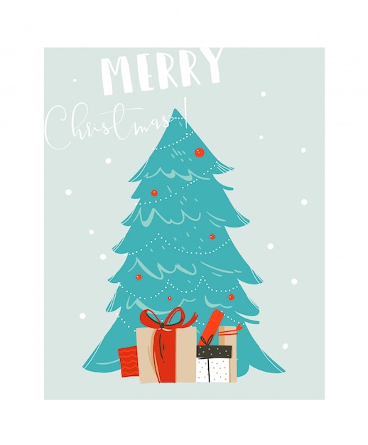 Ilustración de tiempo de feliz Navidad divertida con árbol de Navidad azul y muchas cajas de regalo sorpresa aisladas sobre fondo azul.