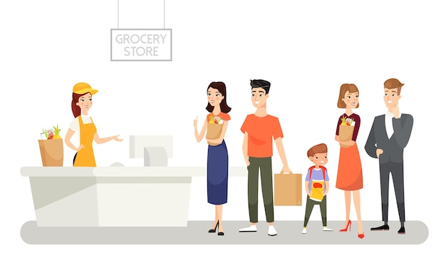 Ilustración de la tienda de abarrotes Personas esperando en una larga cola Productos comprando Alimentos compras