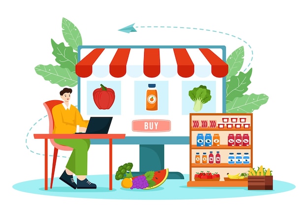 Ilustración de la tienda de comestibles en línea con estantes de productos alimenticios para el pedido de compras por teléfono