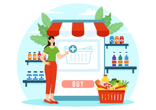 Ilustración de la tienda de comestibles en línea con estantes de productos alimenticios para el pedido de compras por teléfono