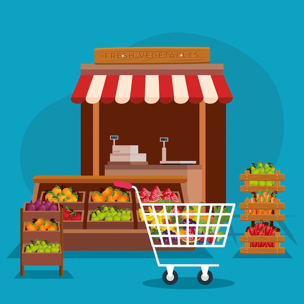 Vector ilustración de la tienda de frutas y verduras, tienda mercado compras comercio minorista comprar y pagar