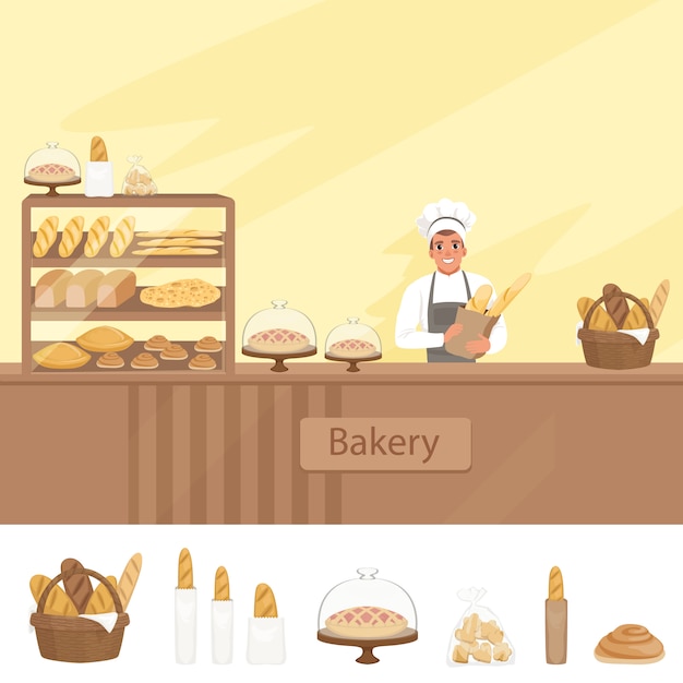 Vector ilustración de la tienda de panadería con carácter de panadero junto a un escaparate con pasteles.