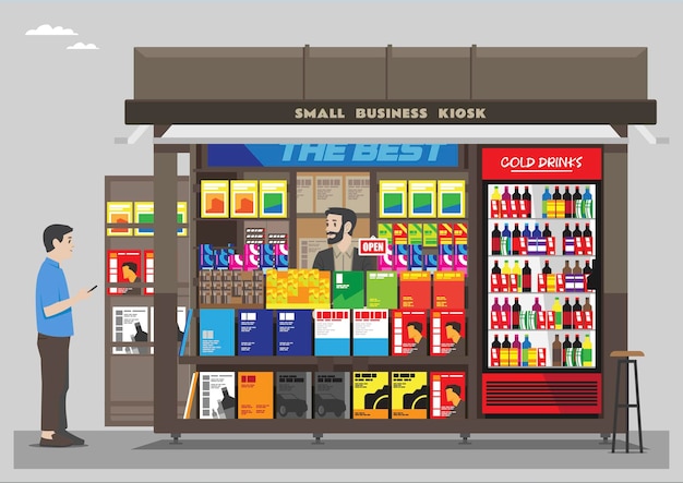 una ilustración de una tienda de quiosco de caja pequeña abierta con revistas, bebidas, dulces y artículos que se venden en