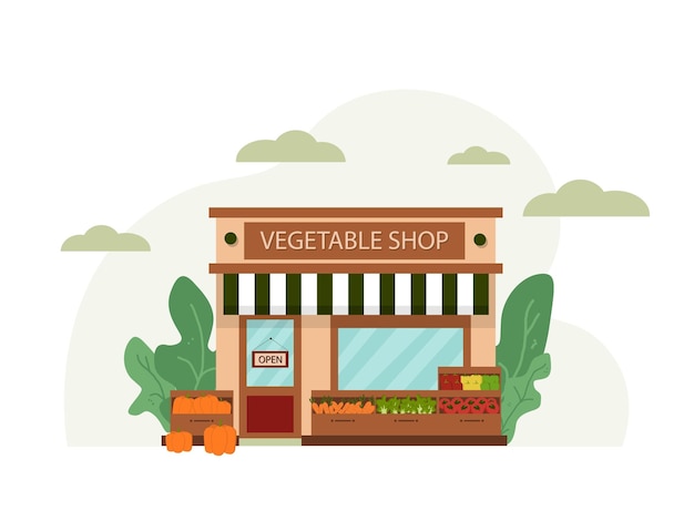 Ilustración de la tienda de verduras Fachada del edificio de la tienda de verduras con calabazas Zanahorias Lechuga Tomates y ˌPimiento morrón