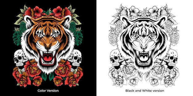Ilustración de tigre con calavera y rosas alrededor para prendas de vestir y otros usos