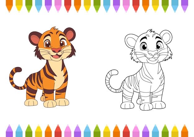 Una ilustración de tigre de dibujos animados con una versión coloreada y una versión no coloreada que se puede usar para actividades de coloreo