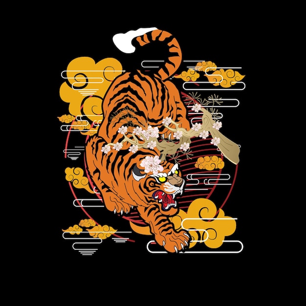 ilustración de tigre con fondo de estilo japonés