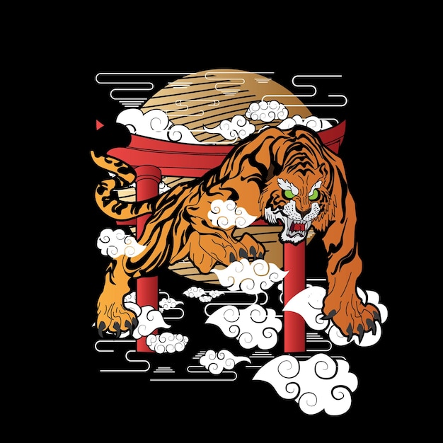 ilustración de tigre con fondo de estilo japonés