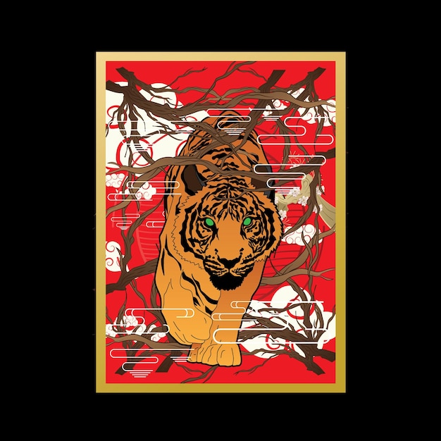 Ilustración de tigre con fondo de estilo japonés