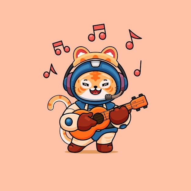 Vector ilustración de tigre lindo con auriculares sosteniendo guitarra y cantando