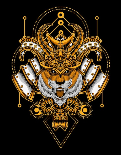 Ilustración tigre samurai cabeza con geometría sagrada