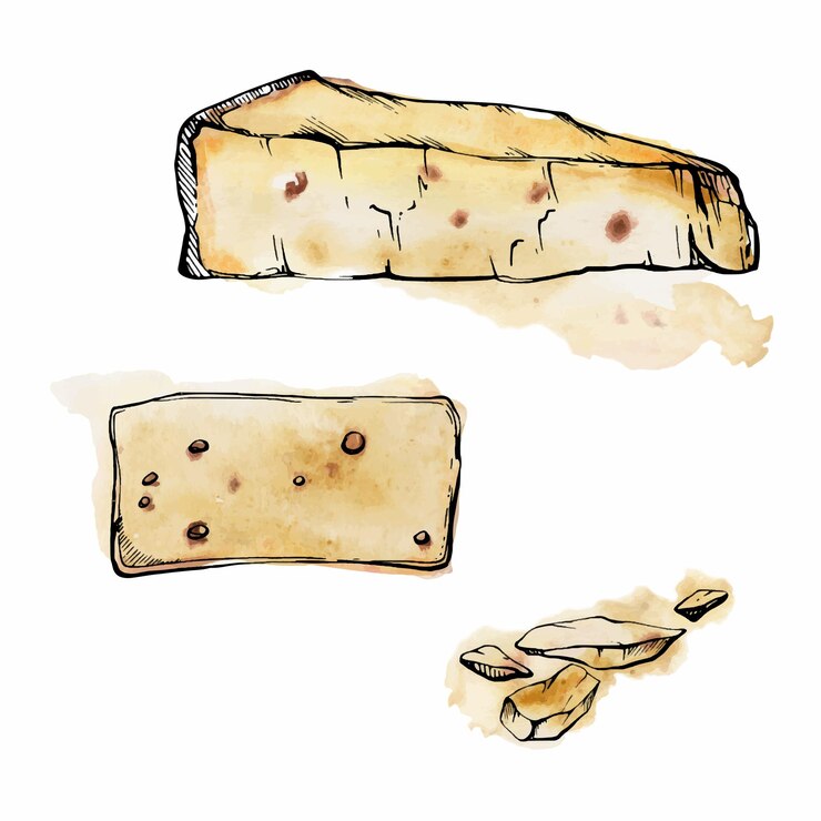 Vector ilustración de tinta de acuarela dibujada a mano parmesan edam emmental fontina gruyere queso producto lácteo objeto único aislado en blanco diseño de menú de restaurante cafetería tienda de alimentos o impresión de folleto de paquete
