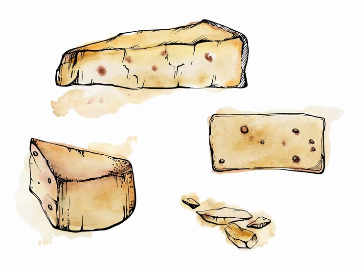 Vector ilustración de tinta de acuarela dibujada a mano parmesan edam emmental fontina gruyere queso producto lácteo objeto único aislado en blanco diseño de menú de restaurante cafetería tienda de alimentos o impresión de folleto de paquete