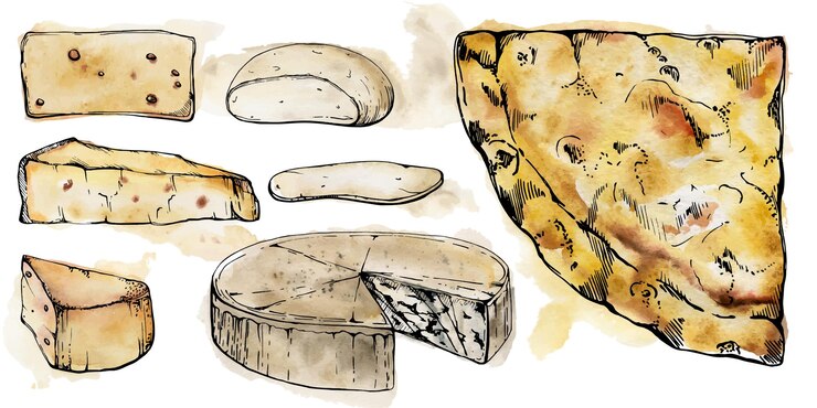 Vector ilustración de tinta de acuarela dibujada a mano quattro formaggi cuatro quesos rebanada de pizza cocina italiana conjunto de objetos aislados en blanco diseño de menú de restaurante cafetería tienda de alimentos o paquete impreso de volante