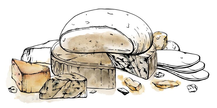 Vector ilustración con tinta de acuarela dibujada a mano variedad de queso mozzarella parmesano edam emmental gruyere gorgonzola composición aislada en blanco menú de restaurante cafetería tienda de alimentos paquete de folleto impreso