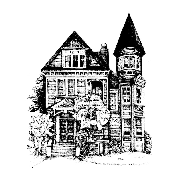 Ilustración de tinta de casa victoriana antigua