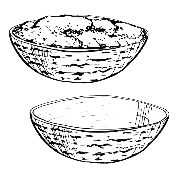 Ilustración de tinta vectorial dibujada a mano Cuenco vacío y con salsa salsa guacamole pesto bolognese Objeto único aislado en blanco Diseño para menú de restaurante cafetería tienda de alimentos o impresión de folleto de paquete