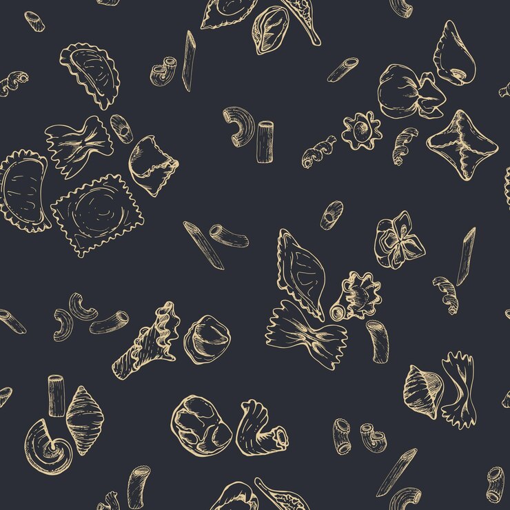 Vector ilustración de tinta vectorial dibujada a mano diferentes tipos de pasta cocina italiana surtido de platos penne ravioli espiral patrón sin costuras aislado en la oscuridad menú del restaurante tienda de alimentos paquete volante imprimir