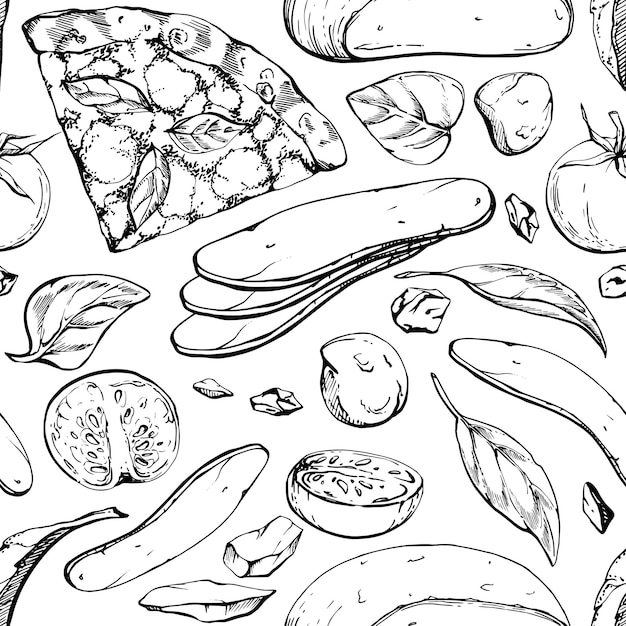 Ilustración de tinta vectorial dibujada a mano rebanada de pizza Margherita con ingredientes comida de cocina italiana patrón sin costuras aislado en blanco Diseño para menú de restaurante cafetería tienda de alimentos o impresión de volante de paquete