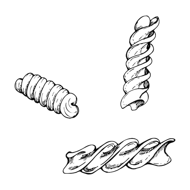 Ilustración de tinta vectorial dibujada a mano Tipos de pasta cocina italiana fusilli rotini plato de sacacorchos Conjunto de elementos de un solo objeto aislados en blanco Menú de restaurante impreso de paquete de tienda de alimentos