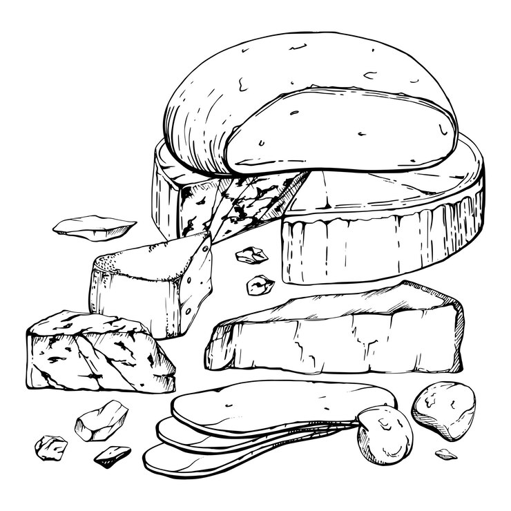 Vector ilustración de tinta vectorial dibujada a mano variedad de queso mozzarella parmesan edam emmental gruyere gorgonzola composición aislada en blanco menú de restaurante café tienda de alimentos paquete impreso volante