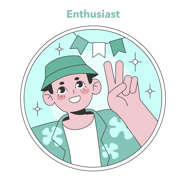 Ilustración del tipo entusiasta del eneagrama un personaje alegre y animado dando un signo de paz que encarna