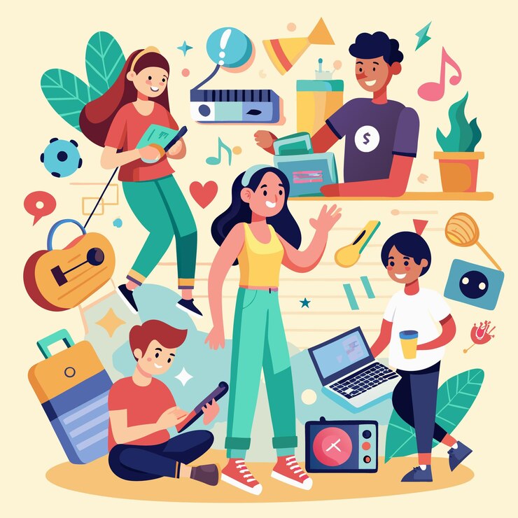 Vector ilustración de tocar música con amigos