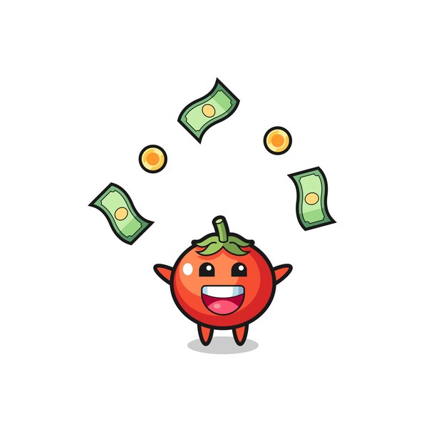 Vector ilustración de los tomates atrapando dinero cayendo del cielo, diseño lindo