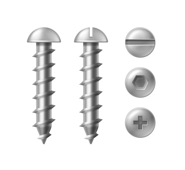 Vector ilustración de tornillo de metal, aislado sobre fondo blanco. cabeza redonda con tipos de tornillos ranurados, cruzados y hexagonales, vista superior