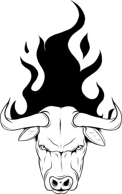 Vector ilustración de un toro de cabeza monocromático con llamas en fondo blanco