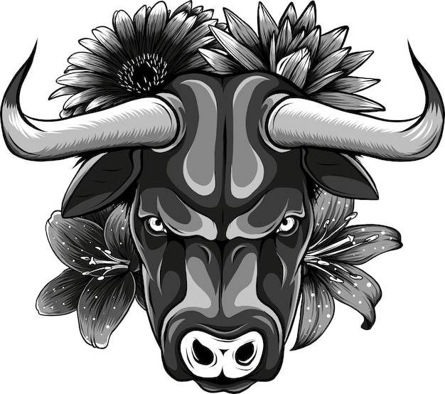 Ilustración de un toro monocromático con una flor