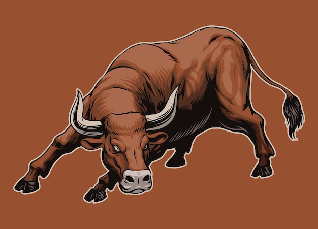 Ilustración de un toro musculoso enojado listo para atacar