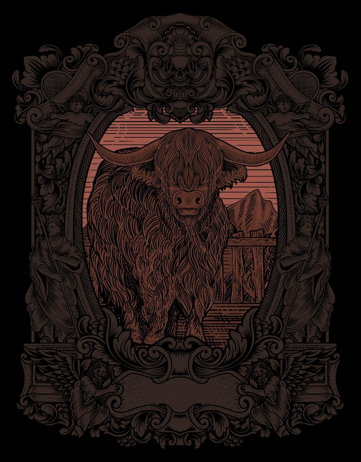 Vector ilustración de toro vintage con estilo de grabado