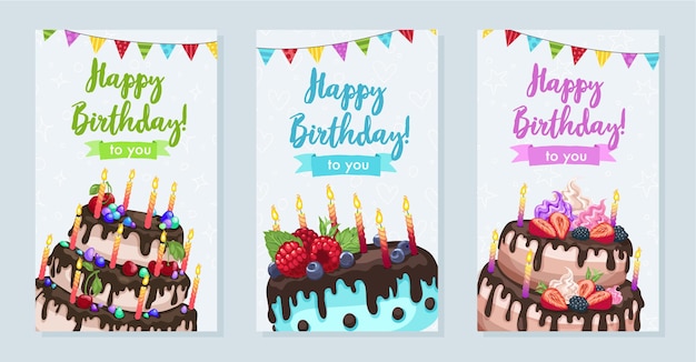 Vector ilustración de tortas de cumpleaños brillante. tarjeta de felicitación de cumpleaños feliz en formato vertical.
