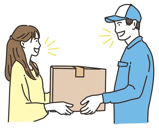 Ilustración de un trabajador masculino sosteniendo una caja de cartón y una cliente sonriente