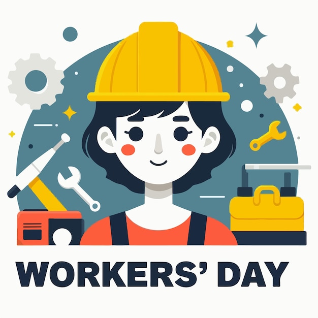 Vector ilustración de un trabajador con el texto día de los trabajadores en estilo de diseño plano