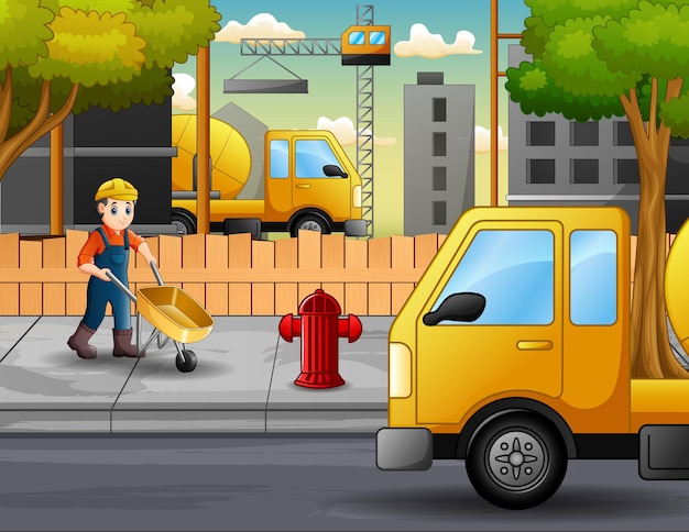 Ilustración de trabajadores de la construcción en un sitio de construcción