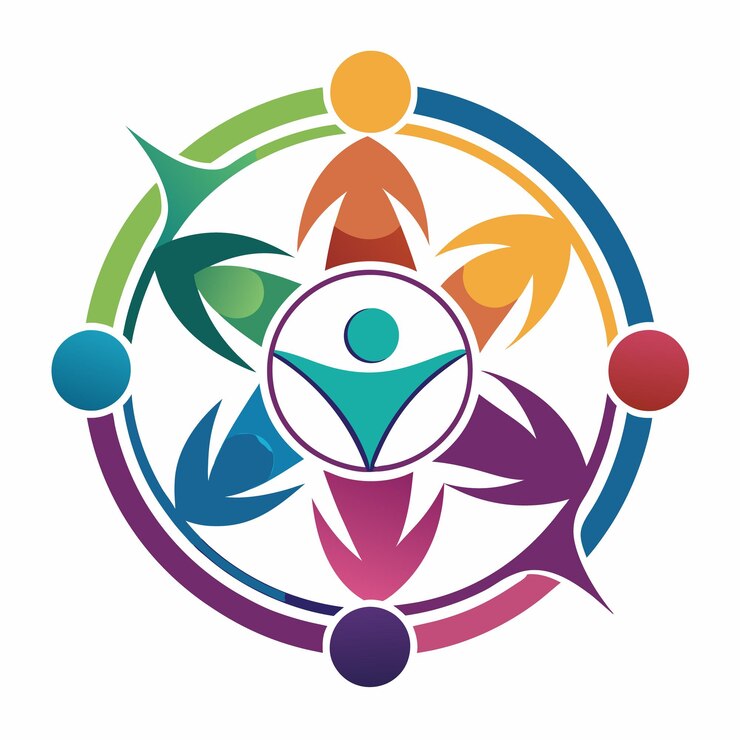 Vector ilustración del trabajo en equipo y la armonía en la diversidad con un círculo de hojas de colores