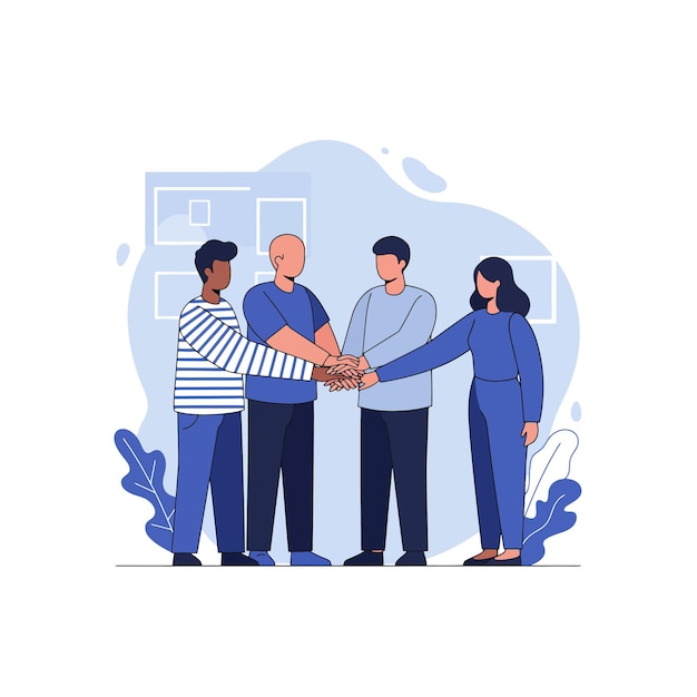 Ilustración de trabajo en equipo Grupos diversos Manos apiladas Unidad
