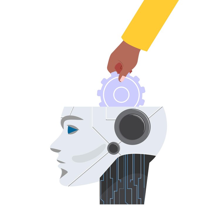 Vector ilustración del trabajo en equipo humano-robot con piezas mecánicas y conceptos de reparación futuristas