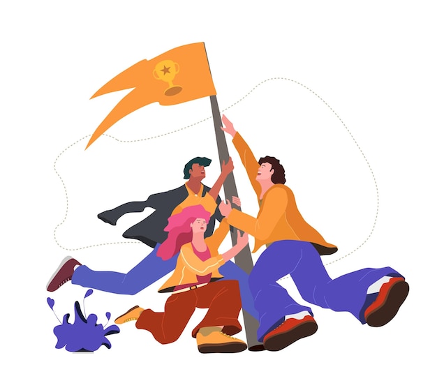 Ilustración del trabajo en equipo para lograr objetivos bandera como un símbolo de éxito y altura