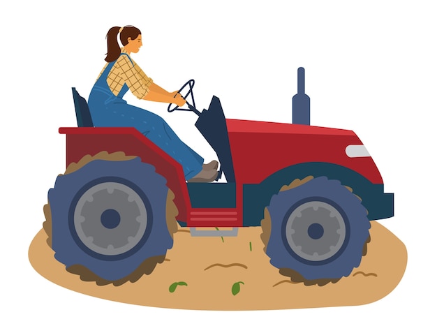 Vector ilustración de tractor de montar a caballo de granjero de mujer.