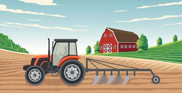 Ilustración de un tractor trabajando en un campo agrícola
